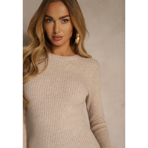 Beżowa Prążkowana Sukienka z Dzianiny z Bawełną o Dopasowanym Kroju Tesoria Renee ONE SIZE renee.pl