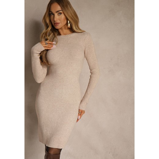Beżowa Prążkowana Sukienka z Dzianiny z Bawełną o Dopasowanym Kroju Tesoria Renee ONE SIZE renee.pl