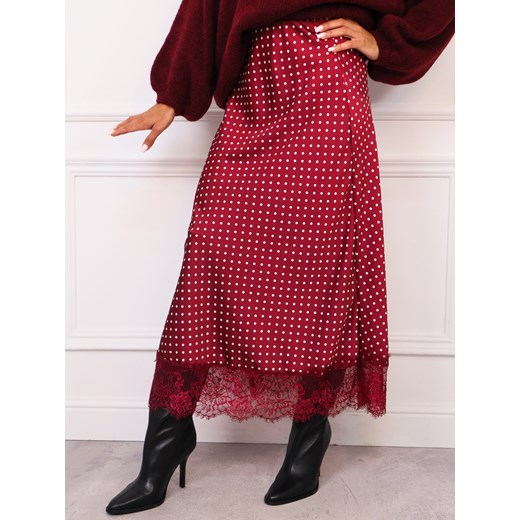 SPÓDNICA SATYNOWA MAXI W KROPKI ZAKOŃCZONA KORONKĄ- BORDOWA ze sklepu olika.com.pl w kategorii Spódnice - zdjęcie 186707558