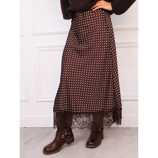 SPÓDNICA SATYNOWA MAXI W KROPKI ZAKOŃCZONA KORONKĄ- CZEKOLADOWA ze sklepu olika.com.pl w kategorii Spódnice - zdjęcie 186707565