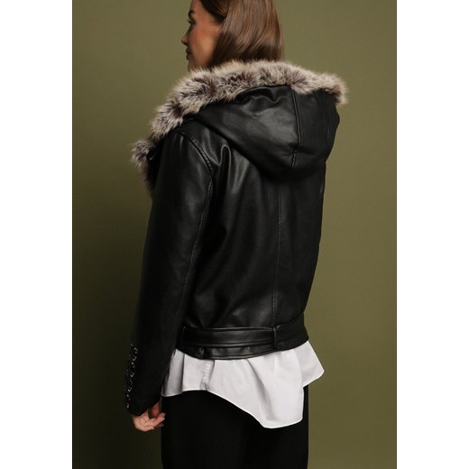 Czarna Kurtka Ramoneska z Odpinanym Kapturem i Futrem Aplonna S born2be.pl