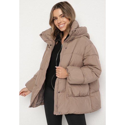 Ciemnobeżowa Pikowana Kurtka o Kroju Oversize z Kapturem Galandia 2XL born2be.pl