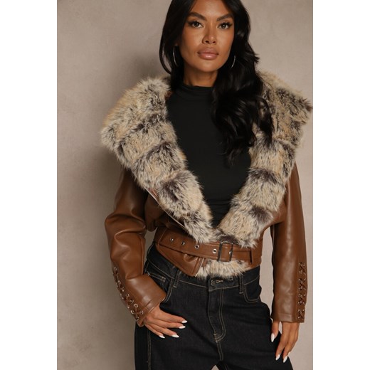 Brązowa Kurtka Ramoneska z Kapturem z Futrem z Możliwością Odpięcia Aplinna ze sklepu renee.pl w kategorii Kurtki damskie - zdjęcie 186712635