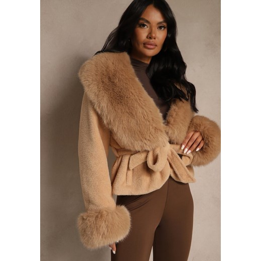 Brązowa Kurtka Pluszowa Ozdobiona Futerkiem i Wiązanym Paskiem w Talii Aravitte ze sklepu renee.pl w kategorii Kurtki damskie - zdjęcie 186714379