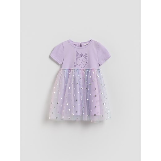 Reserved - Bawełniana sukienka z tiulowym dołem - lawendowy ze sklepu Reserved w kategorii Sukienki dziewczęce - zdjęcie 186717315