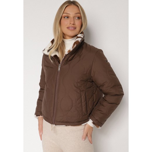 Brązowa Dwustronna Pikowana Kurtka z Futerkiem w Łaty Meviatella M born2be.pl