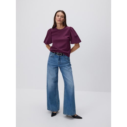 Reserved - T-shirt z bufiastymi rękawami - ciemnofioletowy ze sklepu Reserved w kategorii Bluzki damskie - zdjęcie 186724978