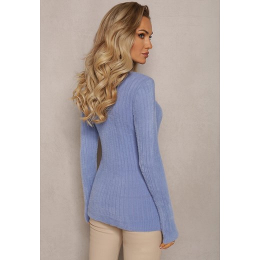 Niebieski Prążkowany Sweter z Wełną i Dłuższym Włosiem Izarina Renee ONE SIZE promocja renee.pl