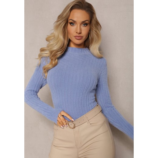 Niebieski Prążkowany Sweter z Wełną i Dłuższym Włosiem Izarina Renee ONE SIZE wyprzedaż renee.pl
