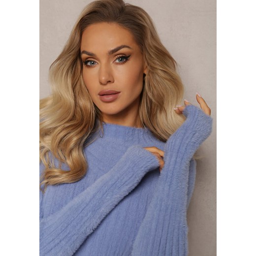 Niebieski Prążkowany Sweter z Wełną i Dłuższym Włosiem Izarina Renee ONE SIZE okazyjna cena renee.pl