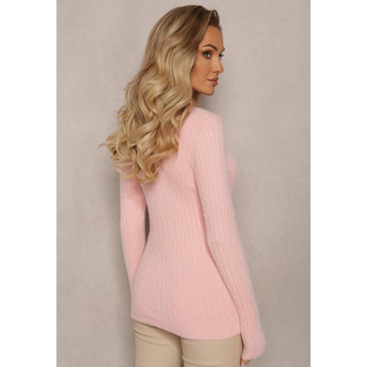 Różowy Prążkowany Sweter z Wełną i Dłuższym Włosiem Izarina Renee ONE SIZE okazyjna cena renee.pl
