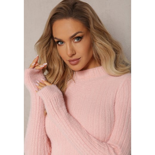 Różowy Prążkowany Sweter z Wełną i Dłuższym Włosiem Izarina Renee ONE SIZE okazyjna cena renee.pl