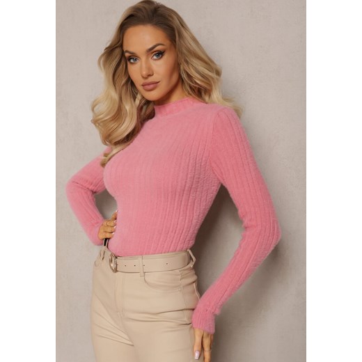 Ciemnoróżowy Prążkowany Sweter z Wełną i Dłuższym Włosiem Izarina Renee ONE SIZE wyprzedaż renee.pl