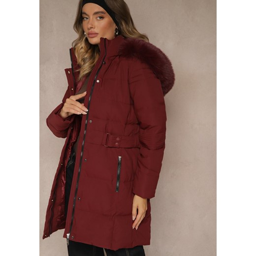 Bordowa Pikowana Kurtka Zimowa z Kapturem z Futerkiem Goella Renee M renee.pl