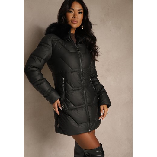 Czarna Pikowana Kurtka o Taliowanym Kroju z Kapturem z Futrem Nalessia ze sklepu renee.pl w kategorii Czółenka - zdjęcie 186735845