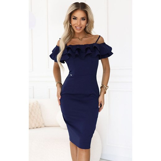 Dopasowana granatowa sukienka midi w stylu hiszpańskim 599-3 CARMEN, Kolor granatowy, Rozmiar L, Numoco ze sklepu Primodo w kategorii Sukienki - zdjęcie 186736399