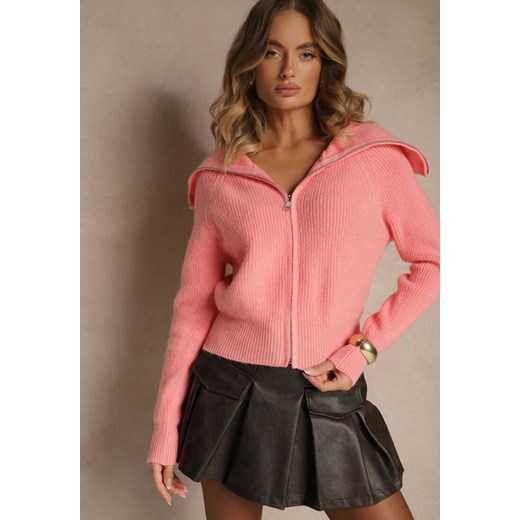 Różowy Kardigan z Wełną o Kroju z Golfem i Zapięciem na Zamek Zinfria ze sklepu renee.pl w kategorii Swetry damskie - zdjęcie 186737726