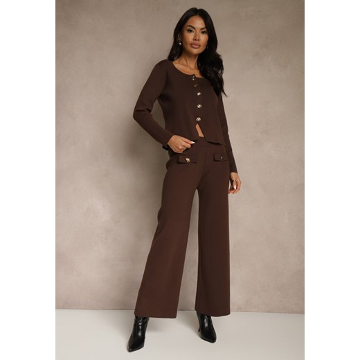 Brązowy Elegancki Komplet z Dzianiny z Wiskozą Kardigan i Spodnie Delinavea - id: 3196-3196-54-BROWN - marki Renee - 186741829 Brązowy Elegancki Komplet z Dzianiny z Wiskozą Kardigan i Spodnie Delinavea ze sklepu renee.pl w kategorii Komplety i garnitury damskie - zdjęcie 186741829