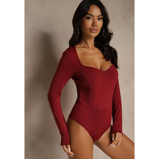 Bordowe Body z Wiskozą Ozdobione Kwadratowym Dekoltem Zalabrina ze sklepu renee.pl w kategorii Body damskie - zdjęcie 186741857