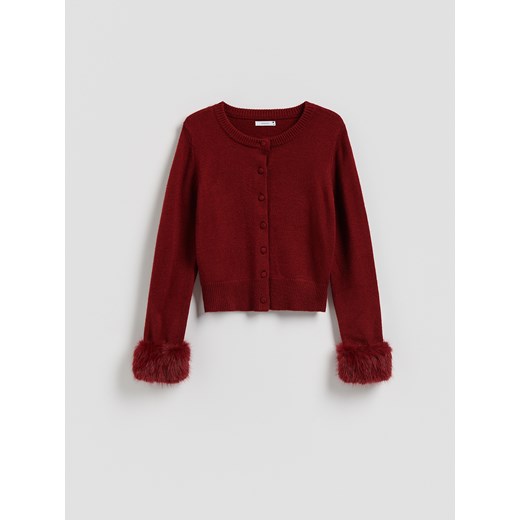 Reserved - Kardigan z futrzanymi mankietami - karminowy ze sklepu Reserved w kategorii Swetry damskie - zdjęcie 186742545