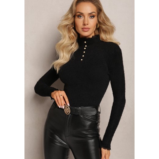 Czarny Wełniany Golf na Perłowe Guziki z Ozdobną Koronką Hejsunna Renee ONE SIZE okazja renee.pl