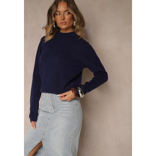 Granatowy Gładki Sweter z Półgolfem z Dzianiny z Wełną i Wiskozą Zaiara ze sklepu renee.pl w kategorii Swetry damskie - zdjęcie 186754576