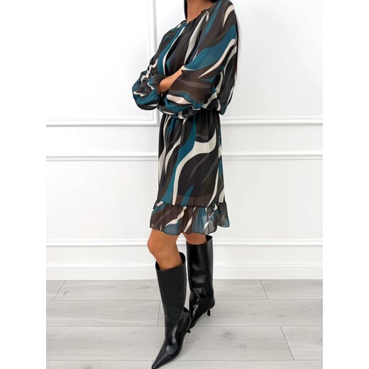 Turkusowa Wzorzysta Sukienka z Falbanką Modnakiecka.pl 44 ModnaKiecka.pl