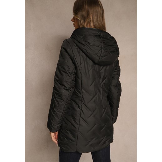 Czarna Dwustronna Kurtka z Kapturem Pikowanymi Przeszyciami i Futerkiem Rossalea Renee L renee.pl