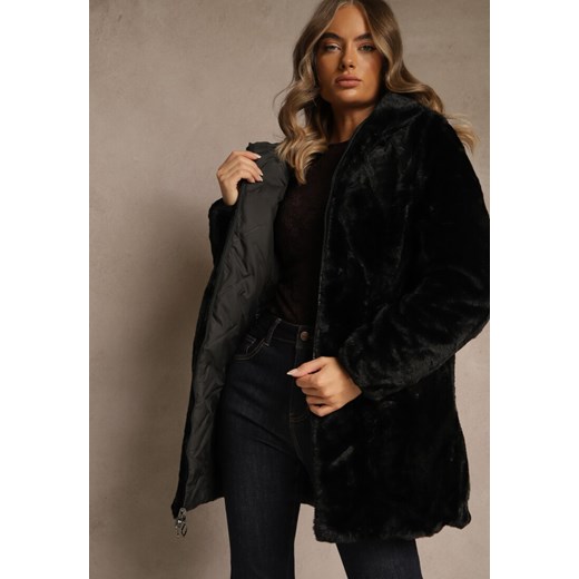 Czarna Dwustronna Kurtka z Kapturem Pikowanymi Przeszyciami i Futerkiem Rossalea ze sklepu renee.pl w kategorii Kurtki damskie - zdjęcie 186758206