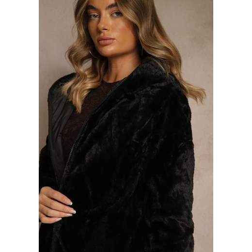 Czarna Dwustronna Kurtka z Kapturem Pikowanymi Przeszyciami i Futerkiem Rossalea Renee 2XL renee.pl