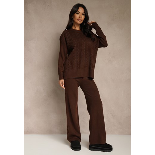 Brązowy Dzianinowy Komplet z Wełną w Warkoczowy Splot Spodnie i Sweter Reinette - id: 3820-M-448-COFFEE - marki Renee - 186759016 Brązowy Dzianinowy Komplet z Wełną w Warkoczowy Splot Spodnie i Sweter Reinette ze sklepu renee.pl w kategorii Komplety i garnitury damskie - zdjęcie 186759016