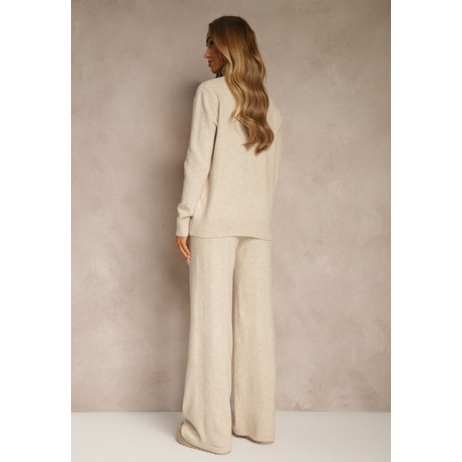 Jasnobeżowy Komplet Dzianinowy z Wełną i Bawełną Szerokie Spodnie i Golf Lennria Renee ONE SIZE renee.pl