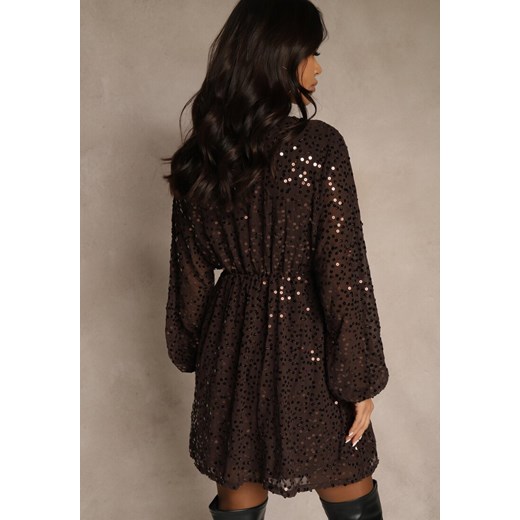 Brązowa Rozkloszowana Sukienka z Długimi Rękawami Zdobiona Cekinami Reisena Renee M renee.pl