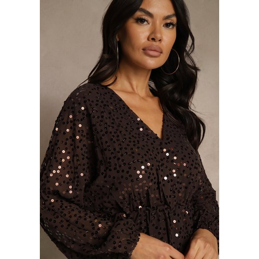 Brązowa Rozkloszowana Sukienka z Długimi Rękawami Zdobiona Cekinami Reisena Renee L renee.pl