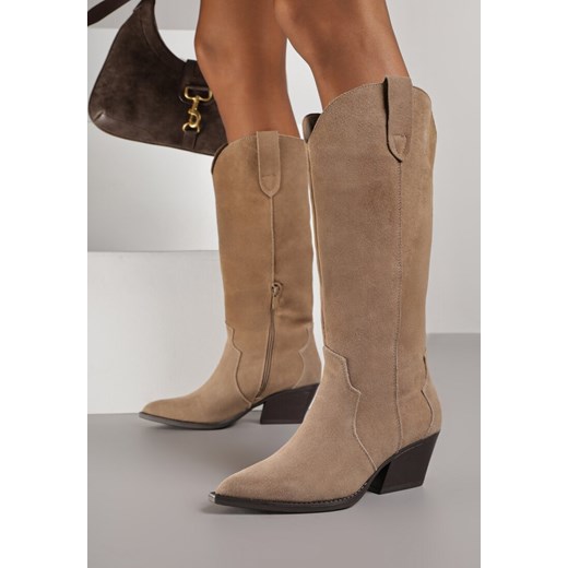 Ciemnobeżowe Kozaki Typu Kowbojki na Stożku z Naturalnego Zamszu Adeora ze sklepu renee.pl w kategorii Kozaki damskie - zdjęcie 186759295