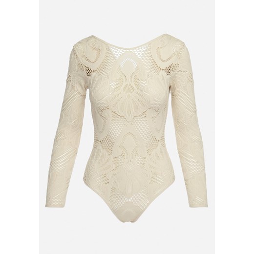 Beżowe Koronkowe Body z Wyciętymi Plecami i Siateczką Felivia S born2be.pl