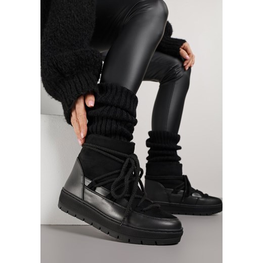 Czarne Wsuwane Śniegowce ze Sznurowaniem i Futerkiem Typu Baranek Meviatesa ze sklepu born2be.pl w kategorii Śniegowce damskie - zdjęcie 186763655