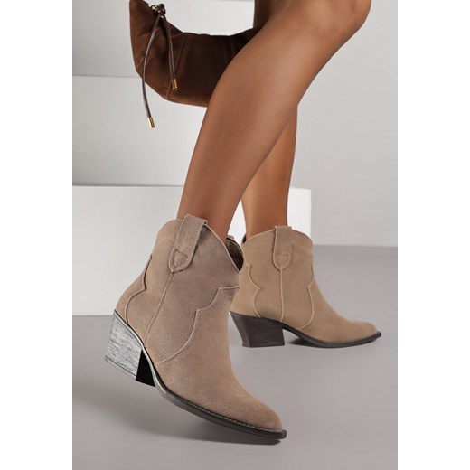 Ciemnobeżowe Skórzane Botki Typu Kowbojki na Stożkowym Obcasie Lianessea 39 born2be.pl