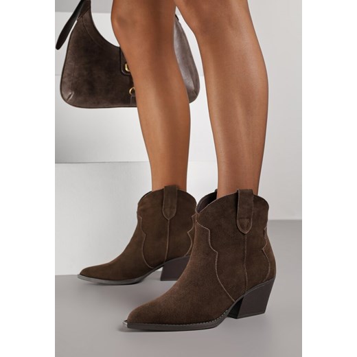 Brązowe Skórzane Botki Typu Kowbojki na Stożkowym Obcasie Lianessea - id: 401395 - marki born2be - 186763725 Brązowe Skórzane Botki Typu Kowbojki na Stożkowym Obcasie Lianessea ze sklepu born2be.pl w kategorii Botki - zdjęcie 186763725