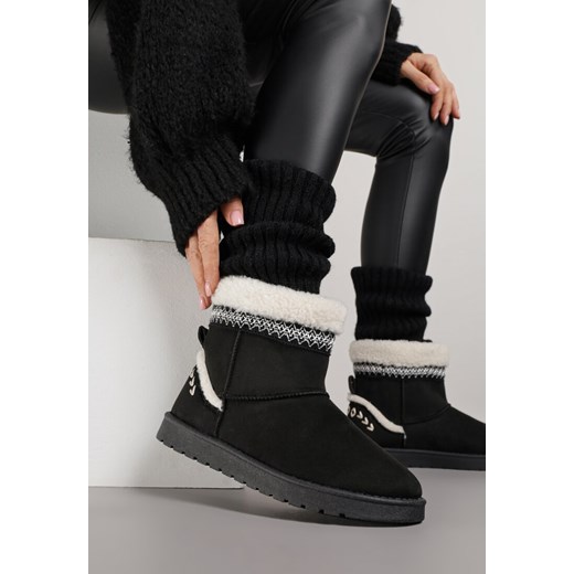 Czarne Śniegowce o Wsuwanym Fasonie z Haftem i Futrem przy Cholewce Mevinadia ze sklepu renee.pl w kategorii Śniegowce damskie - zdjęcie 186764108