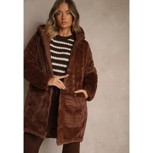 Brązowa Pikowana Kurtka Dwustronna o Długim Kroju z Kapturem Olettia Renee L renee.pl