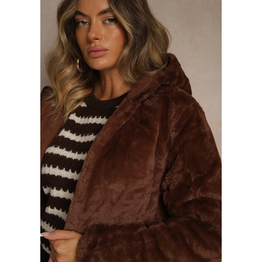 Brązowa Pikowana Kurtka Dwustronna o Długim Kroju z Kapturem Olettia Renee XL renee.pl