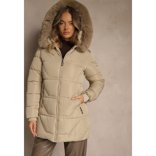 Ciemnobeżowa Kurtka z Pikowanymi Przeszyciami i Kapturem z Futrem Anindrie ze sklepu renee.pl w kategorii Kurtki damskie - zdjęcie 186773967