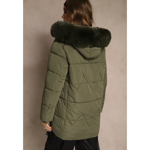 Ciemnozielona Klasyczna Kurtka z Pikowanymi Przeszyciami i Kapturem z Futrem Renee 2XL renee.pl