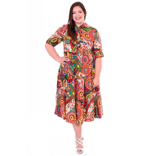 Sukienka FSU1084 EKRI pomarańczowe rozety zielone plamy ze sklepu fokus.pl w kategorii Sukienki - zdjęcie 186775449