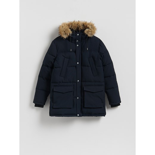 Reserved - Pikowana parka z kapturem - granatowy ze sklepu Reserved w kategorii Parki męskie - zdjęcie 186775685