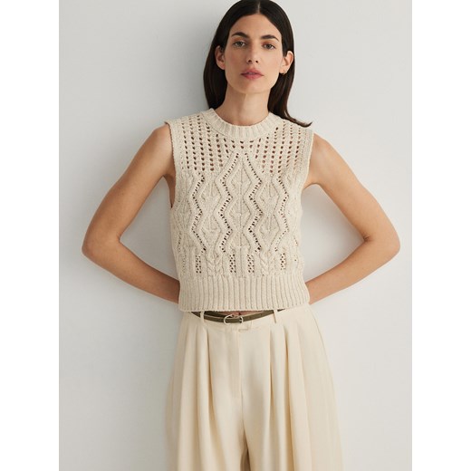 Reserved - Dzianinowy bezrękawnik z bawełną - kremowy Reserved L promocyjna cena Reserved