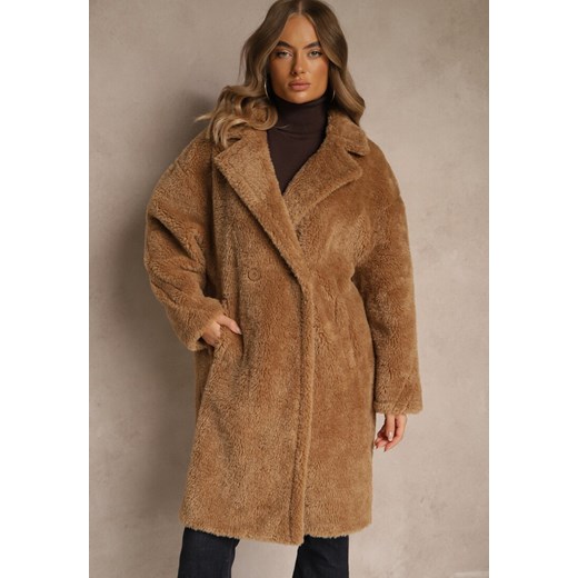 Brązowy Płaszcz Teddy o Dwurzędowym Kroju Oversize Azzena ze sklepu renee.pl w kategorii Płaszcze damskie - zdjęcie 186779565