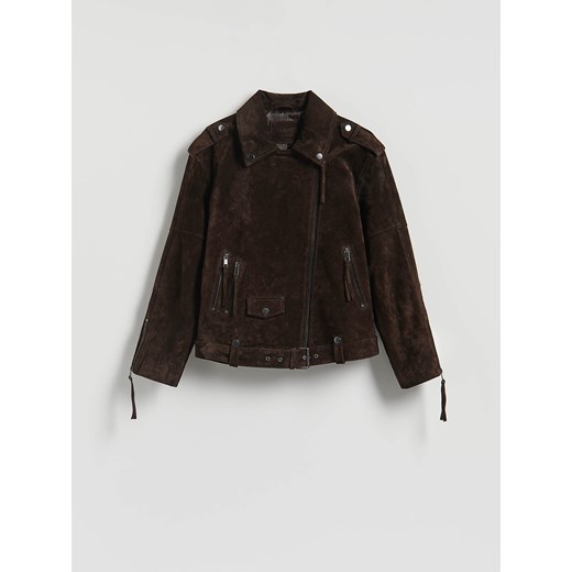Reserved - Zamszowa ramoneska oversize z paskiem - ciemnobrązowy ze sklepu Reserved w kategorii Kurtki damskie - zdjęcie 186781858