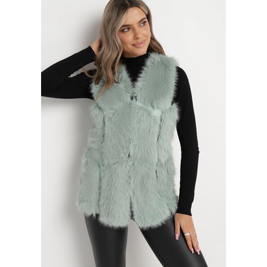 Miętowa Kamizelka Futrzana z Wstawkami z Ekoskóry Batliewa M born2be.pl